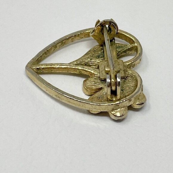 Vintage Heart Flower Brooch‎ Metallic Gold Tone Aqua Green Rhinestone Pin 1" - Picture 4 of 10